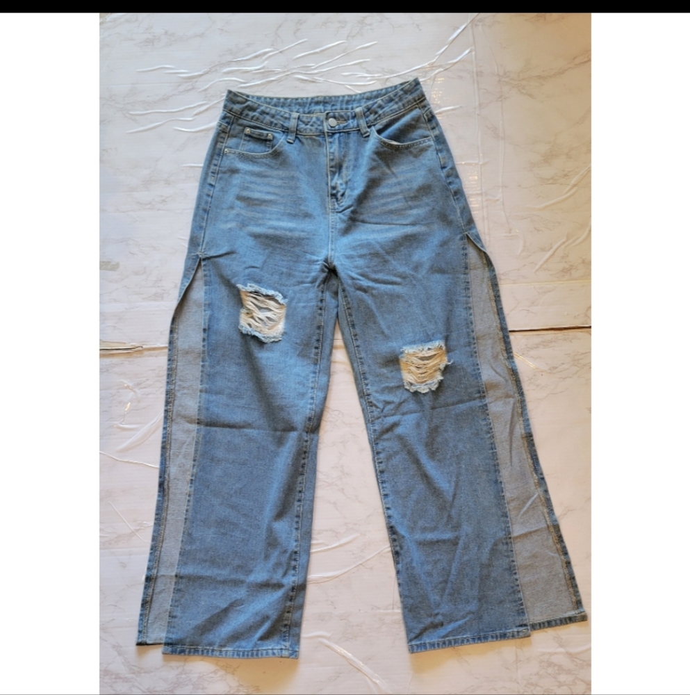 Blue Side Split Wide Leg Denim Jeans